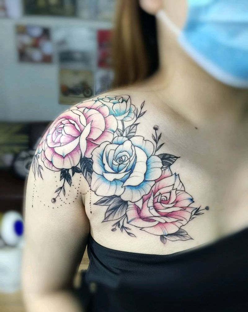 淡彩素花纹身图片_肩部胸部素花遮盖纹身图案