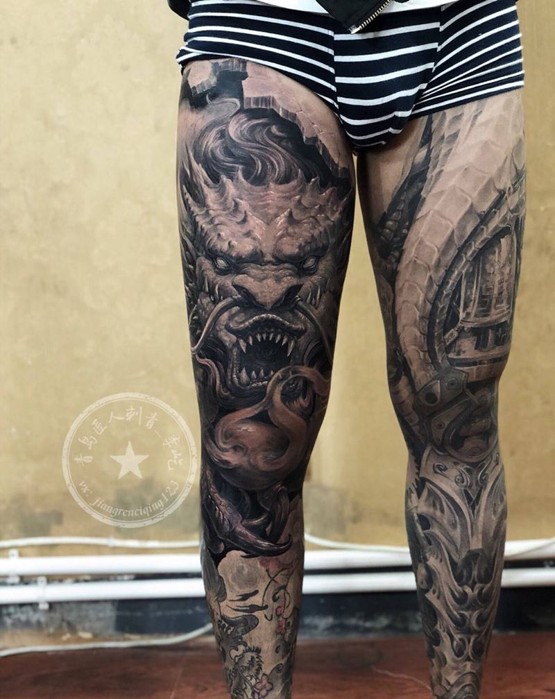 盘龙腿（半腿）纹身图片_腿部新传统欧美写实龙纹身图案