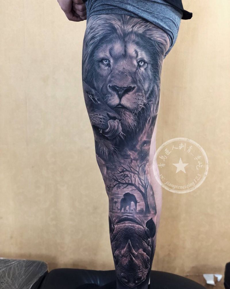 动物星空花腿纹身图片_腿部欧美写实新传统狮子动物星空纹身图案
