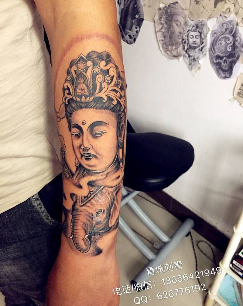 普贤菩萨纹身纹身图片_成品手臂传统鬼神人物宗教纹身图案