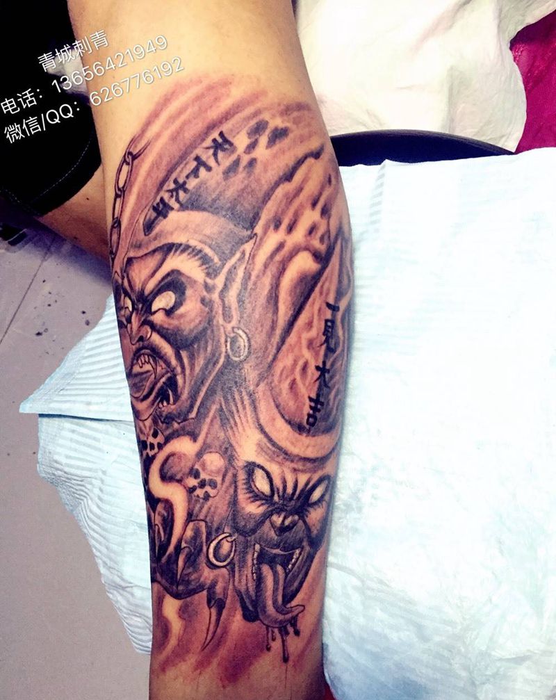 包小腿 黑白无常纹身图片_成品腿部传统鬼神人物纹身图案