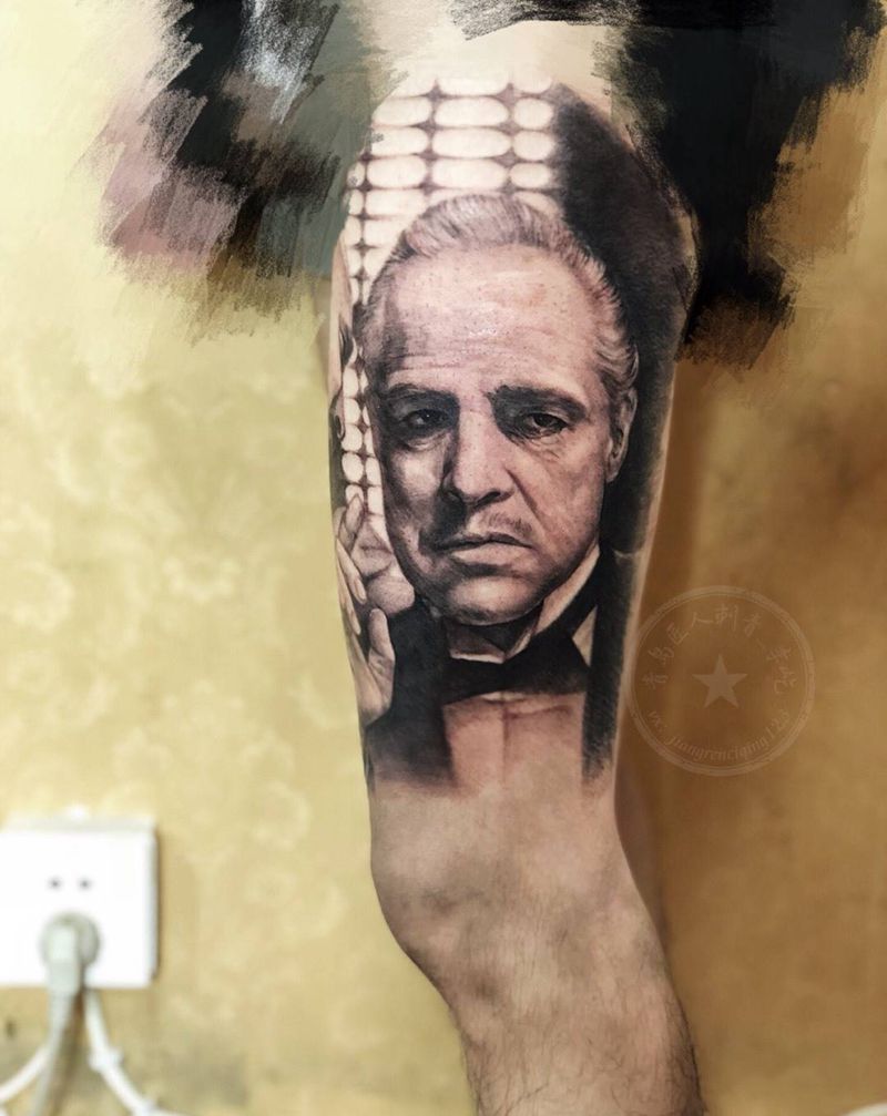 教父肖像 花腿 包腿纹身图片_腿部欧美写实教父纹身图案