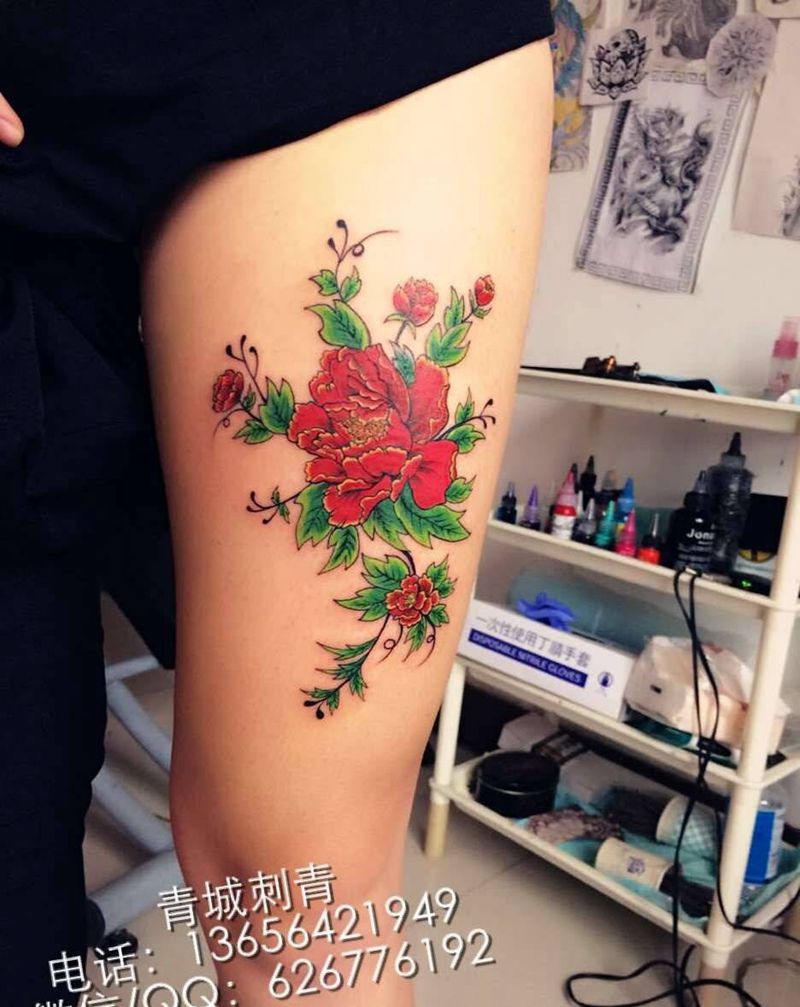牡丹纹身图片_腿部成品传统植物原创纹身图案