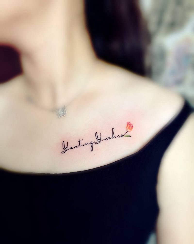 美女香肩 小清新纹身图片_成品胸部清新植物字符几何纹身图案