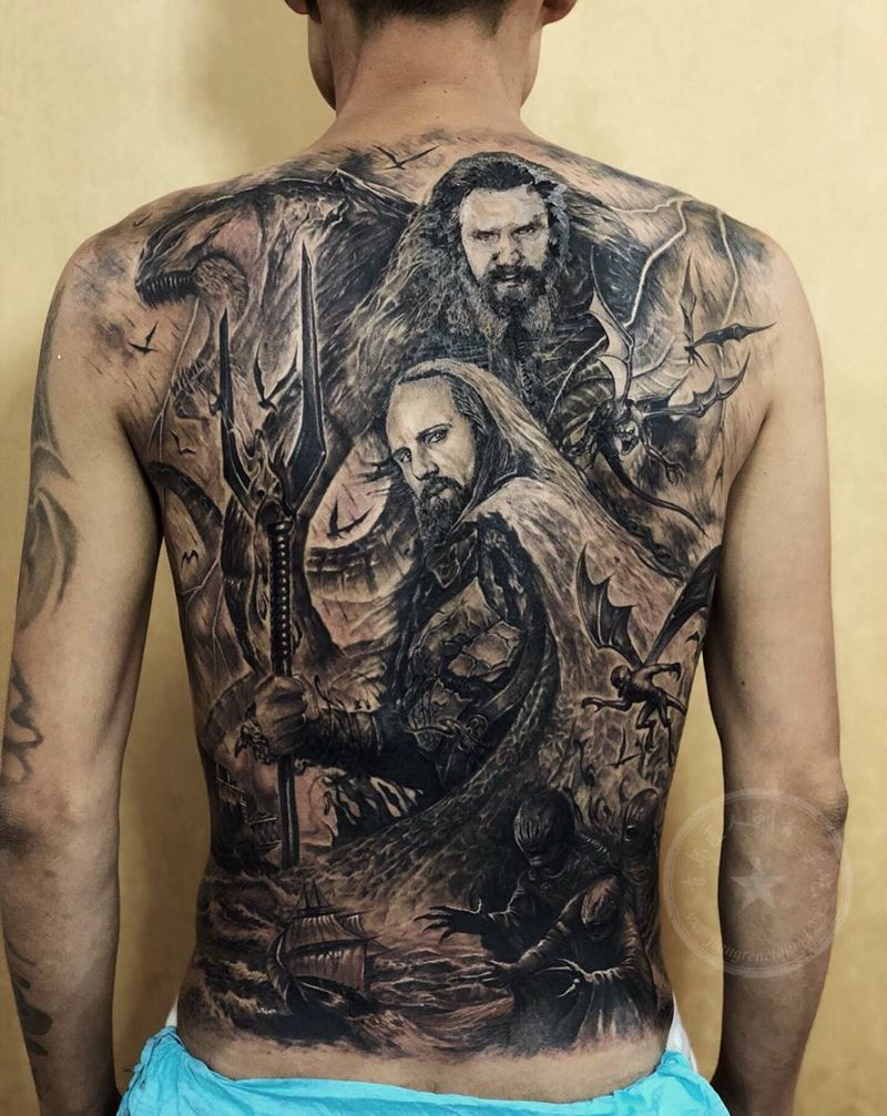 暴力遮盖 满背 诸神之战纹身图片_背部欧美写实哈迪斯宙斯纹身图案
