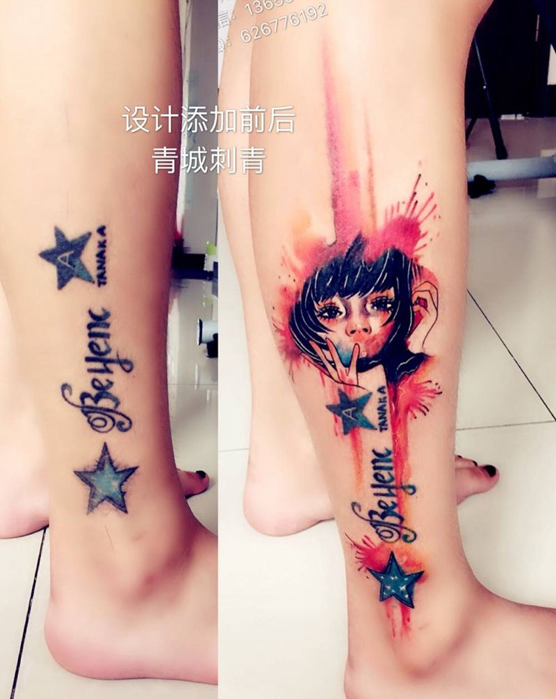 水彩泼墨设计添加纹身图片_成品腿部清新人物几何原创纹身图案