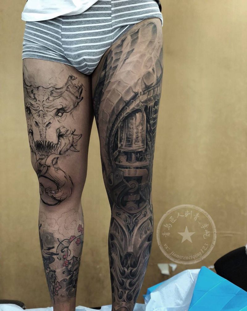 生化机械腿恢复后纹身图片_腿部新传统欧美写实机械生化纹身图案