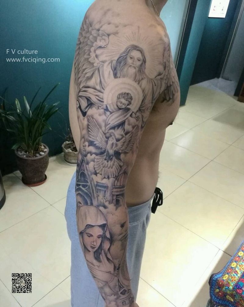 欧美花臂纹身图片_手臂欧美人物鬼神宗教青岛FV纹身图案