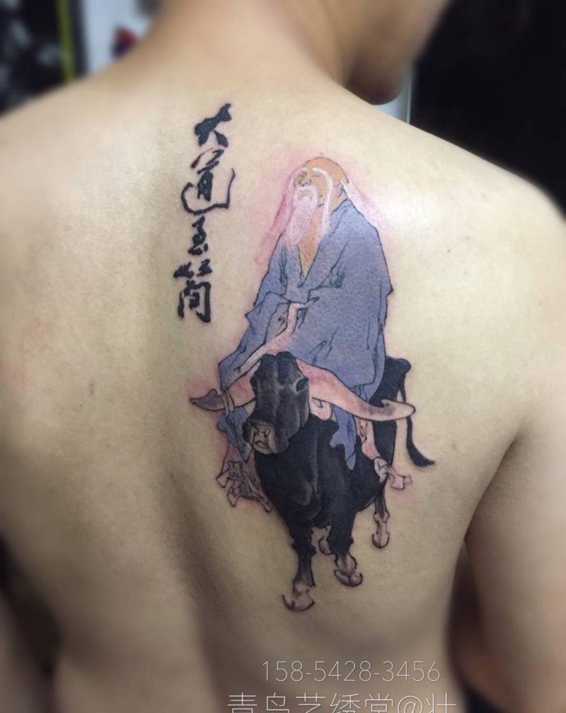老子出关纹身图片_成品插画背部国画人物纹身图案