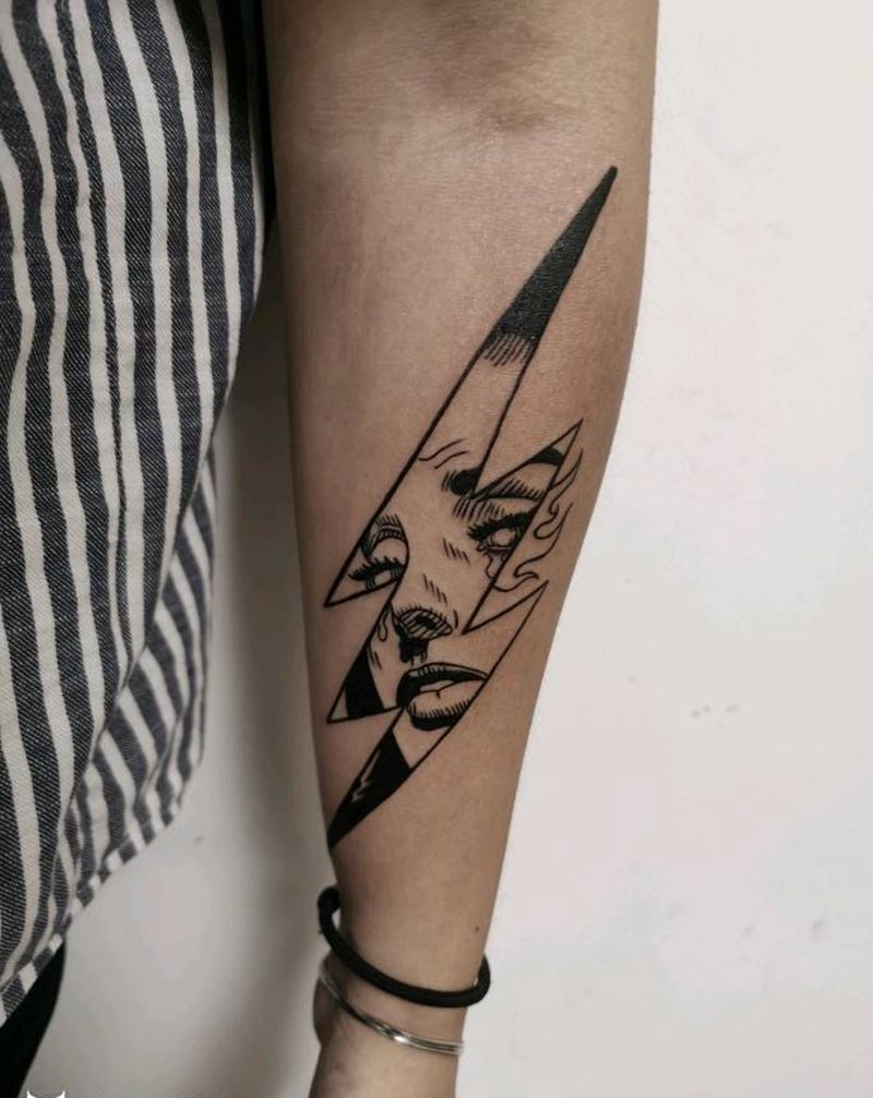 闪电里的美女纹身图片_手臂几何Old School纹身图案