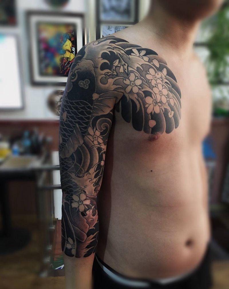 锦鲤纹身图片_成品原创传统手臂胸部手稿动物清新习俗纹身图案