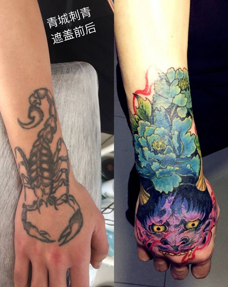 遮盖蝎子纹身图片_成品手臂手部传统鬼神植物原创纹身图案