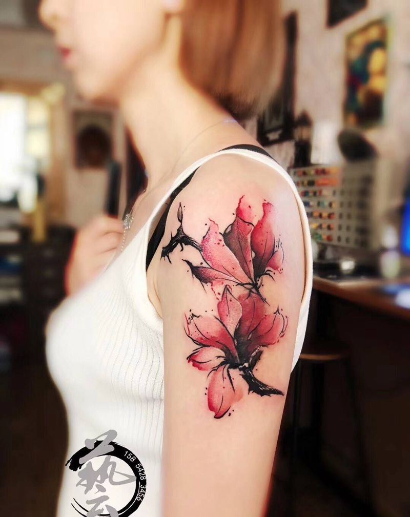 进度纹身图片_植物国画手臂成品手稿插画原创纹身图案