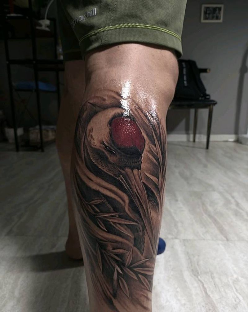 仙鹤纹身图片_腿部新传统鹤纹身图案