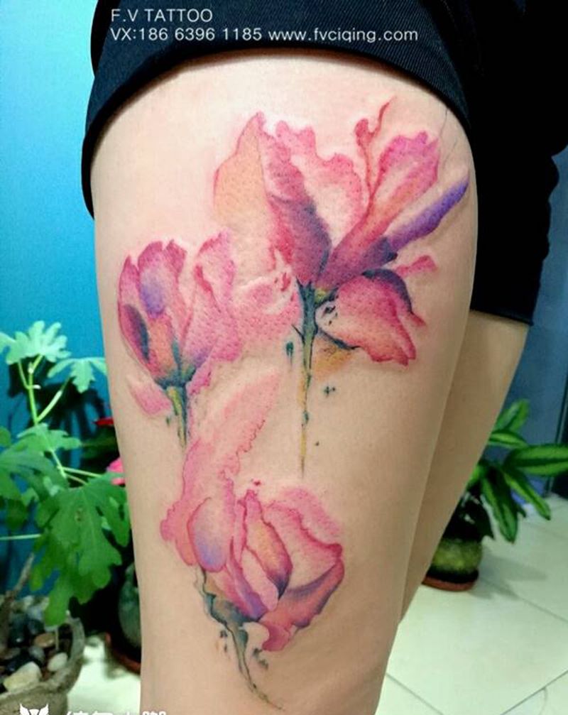 大腿水彩 罂粟花 纹身纹身图片_腿部清新植物青岛FV成品纹身图案