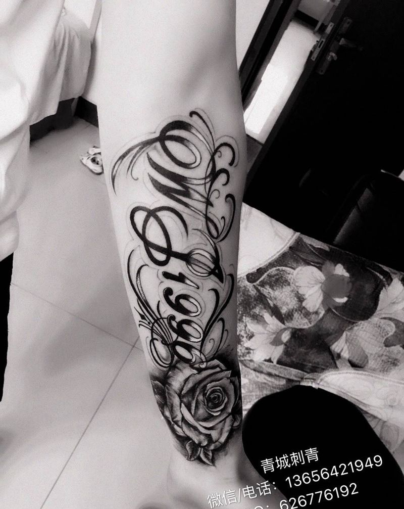 欧美 花体字+玫瑰纹身图片_成品手臂欧美原创字符植物纹身图案