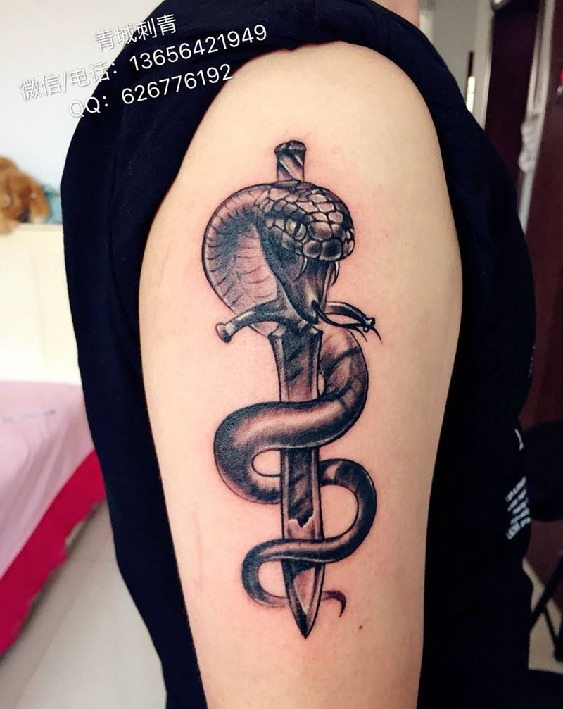 蛇与剑纹身图片_成品手臂传统动物纹身图案