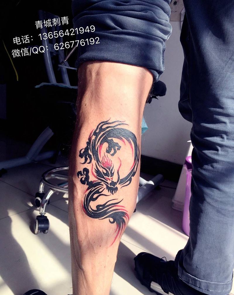 龙图腾纹身图片_成品腿部传统动物图腾原创纹身图案