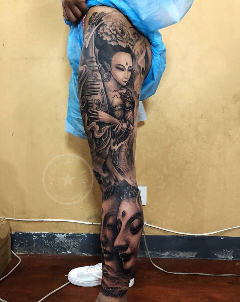 花腿 线条上色纹身图片