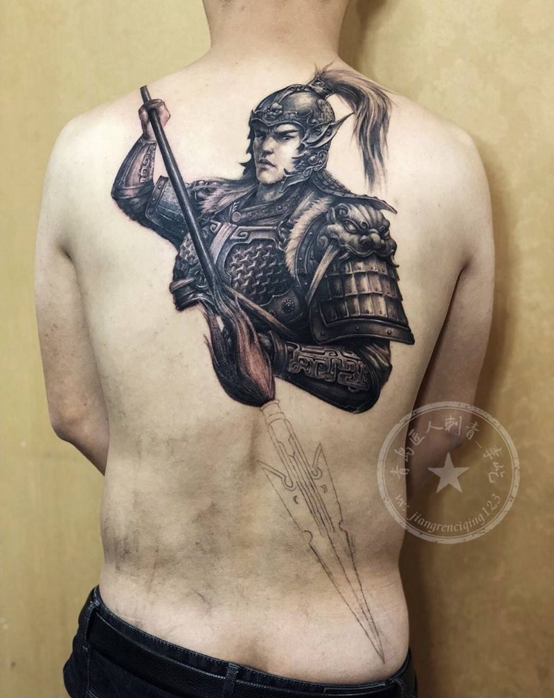 武神 赵子龙 赵云纹身图片_背部新传统欧美写实赵云赵子龙纹身图案