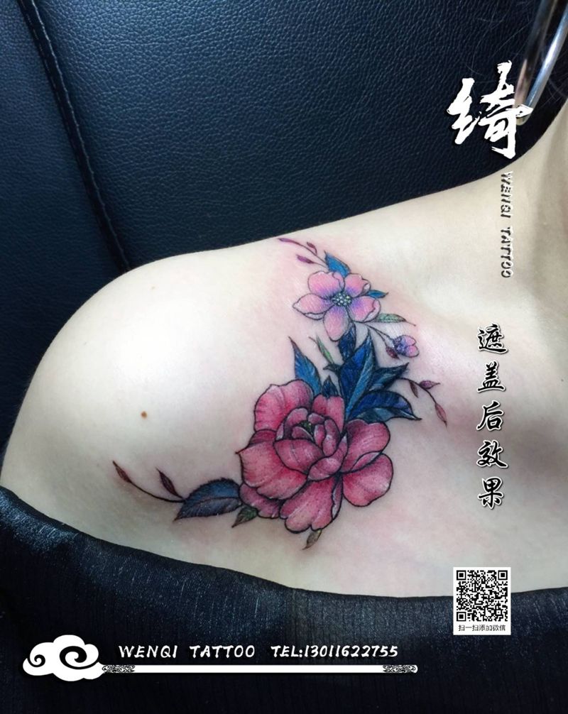 遮盖纹身图片_肩部水彩小清新遮盖纹身图案