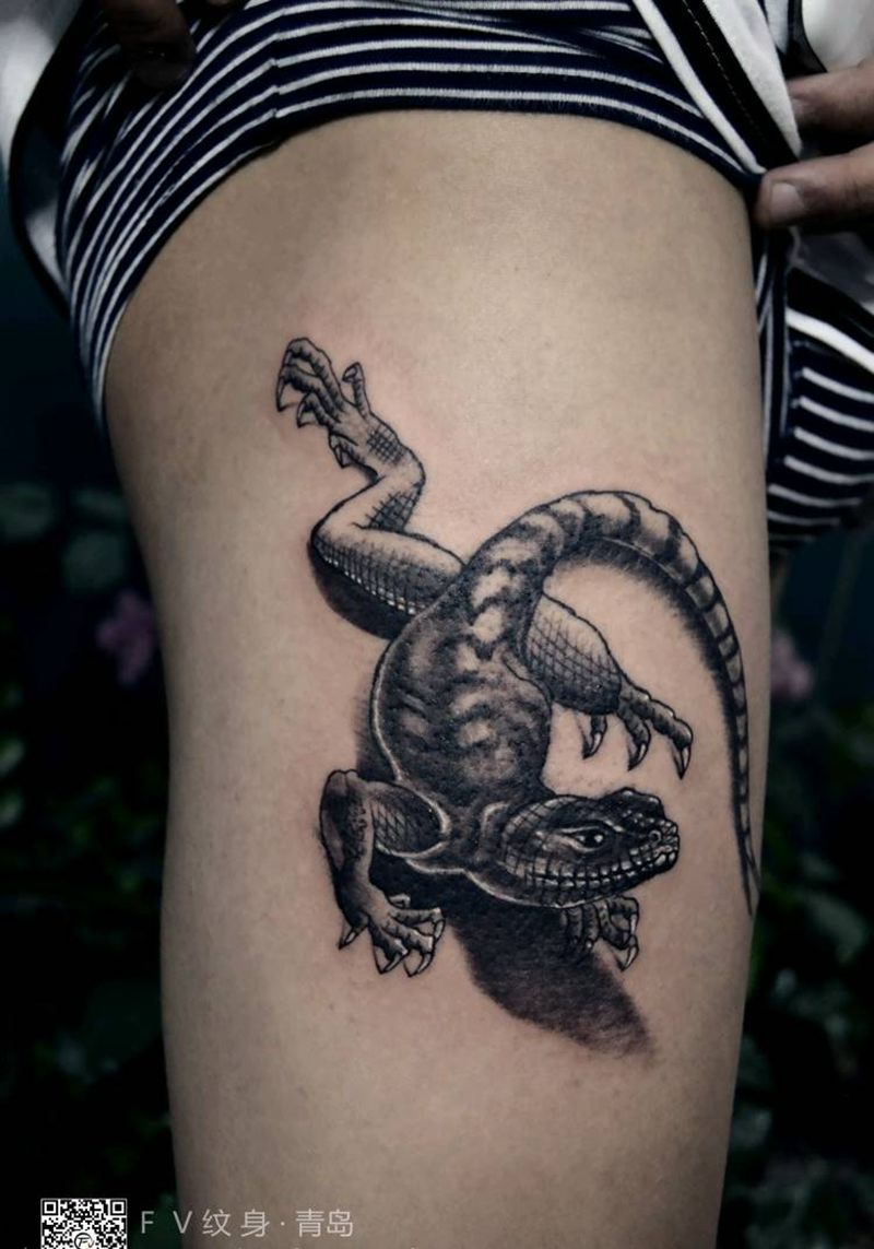 蜥蜴，翅膀，花体字纹身纹身图片_手臂腿部清新动物植物青岛FV纹身图案