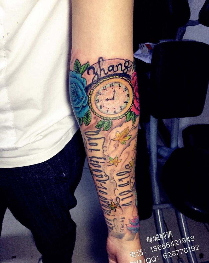 包小臂纹身纹身图片_成品手臂欧美传统清新字符宗教动物图腾植物纹身图案