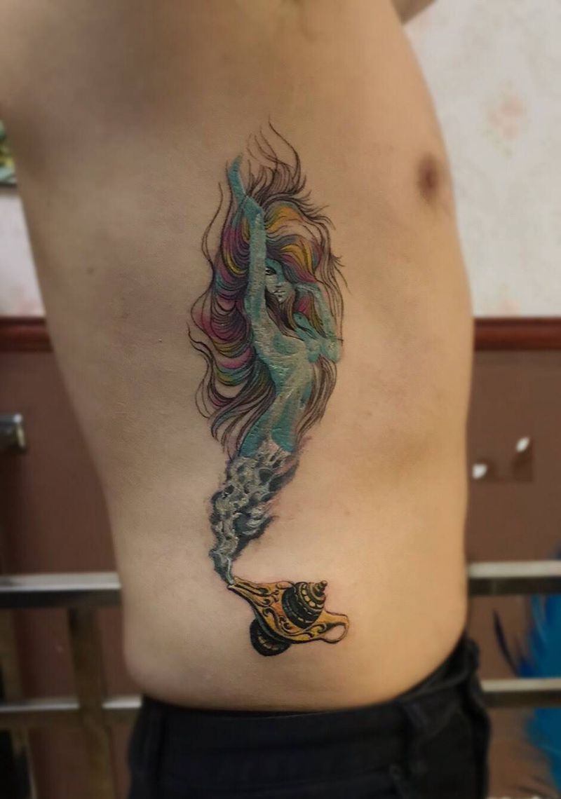 神灯纹身图片_成品原创写实腿部背部臀部胸部插画手稿纹身图案