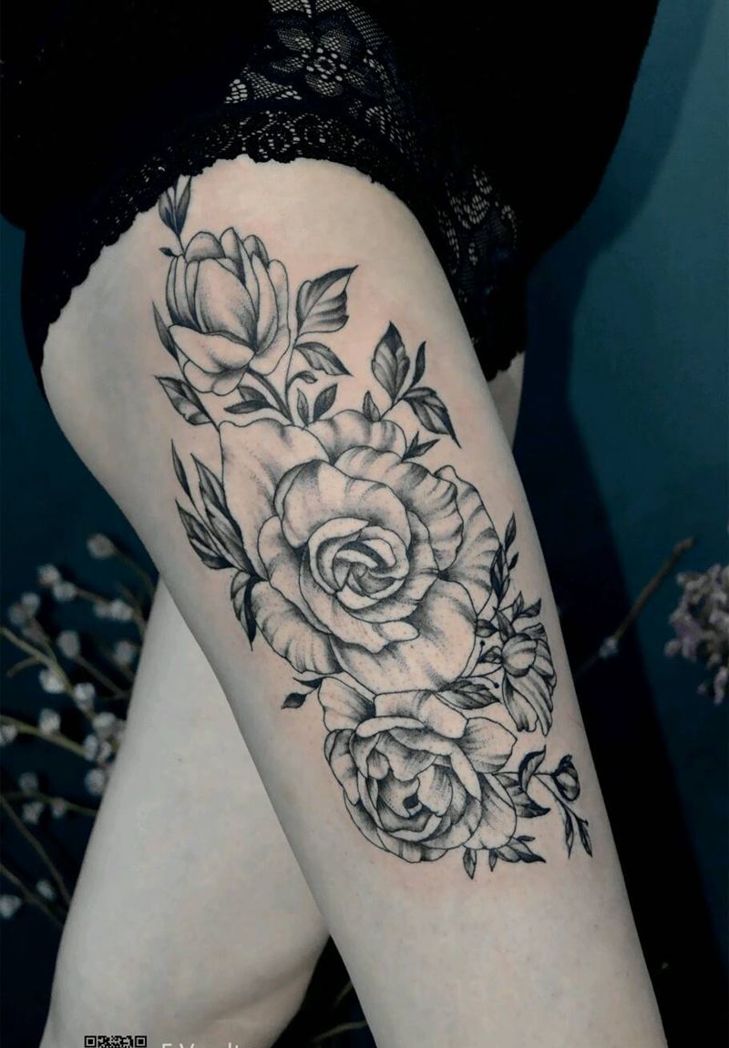 大腿欧美玫瑰花纹身纹身图片_腿部欧美清新植物青岛FV纹身图案