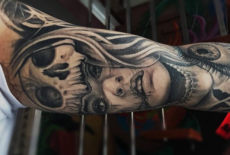 轮回纹身图片_原创成品手稿插画手臂欧美肖像写实人物纹身图案