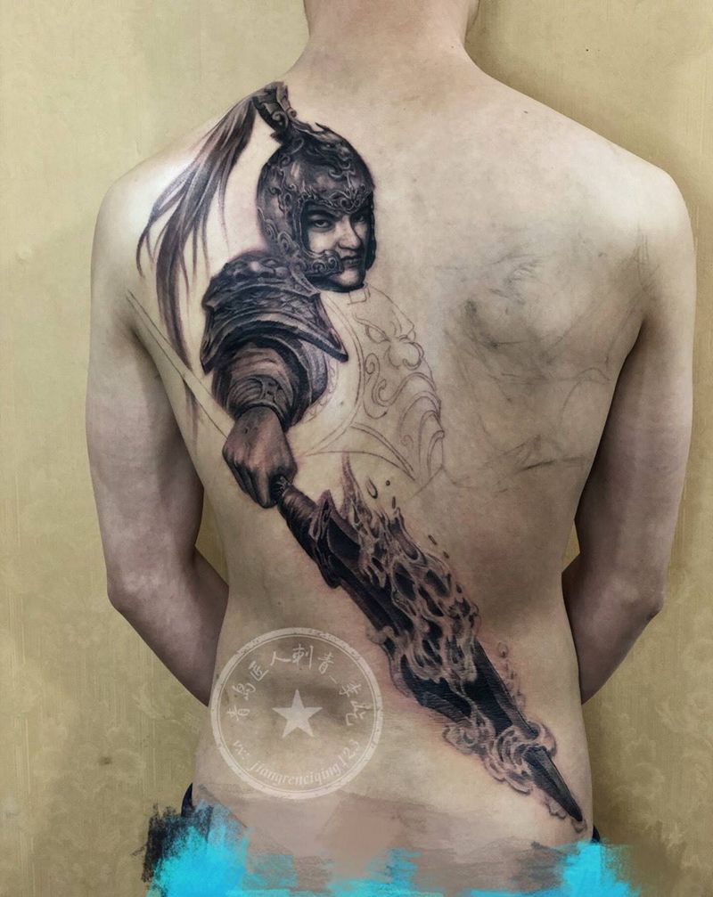 武神2 赵云 赵子龙纹身图片_背部新传统欧美写实赵云纹身图案