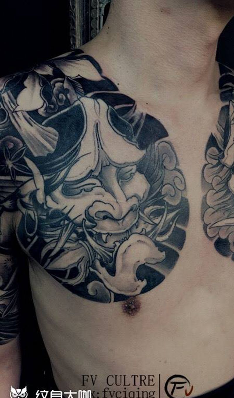 双胛纹身图片_成品胸部传统鬼神青岛FV出品纹身图案