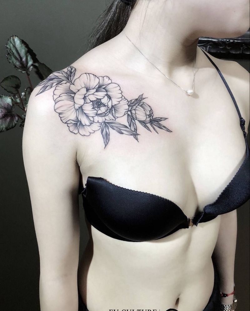 肩花纹身图片_欧美清新植物青岛纹身图案