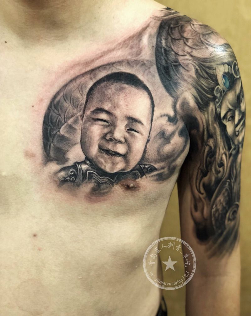 不动明王 不动尊菩萨纹身图片_肩部手臂新传统欧美写实不动明王肖像纹身图案