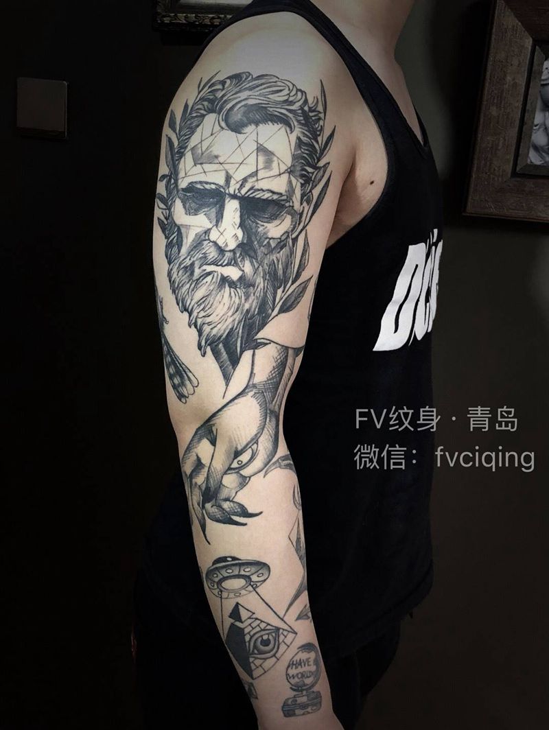 欧美school拼图花臂纹身图片_成品手臂欧美清新人物动物图腾情侣青岛FV出品纹身图案