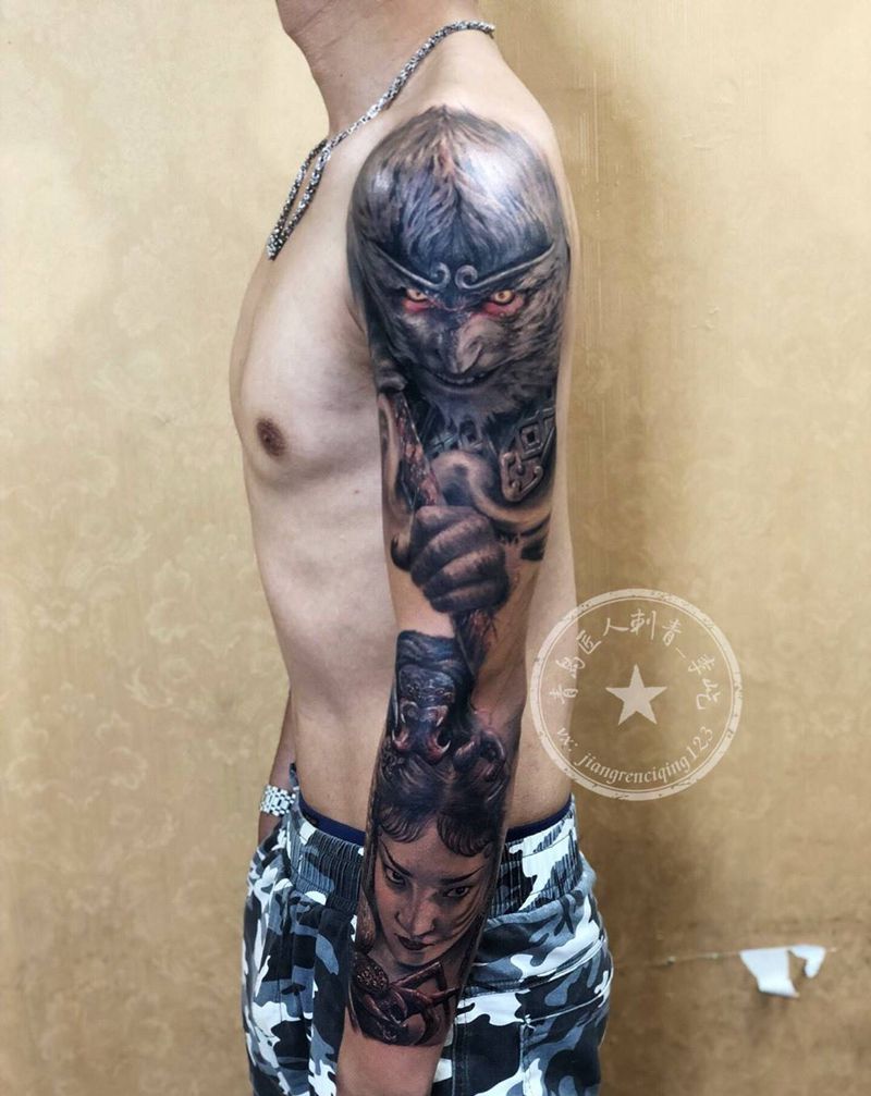 降妖伏魔 孙悟空花臂纹身图片_手臂新传统欧美写实孙悟空花臂纹身图案