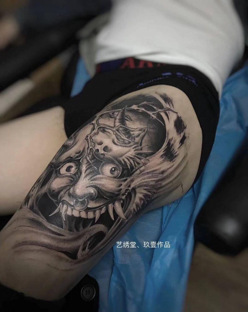 般若纹身图片_成品宗教写实传统腿部插画手稿纹身图案