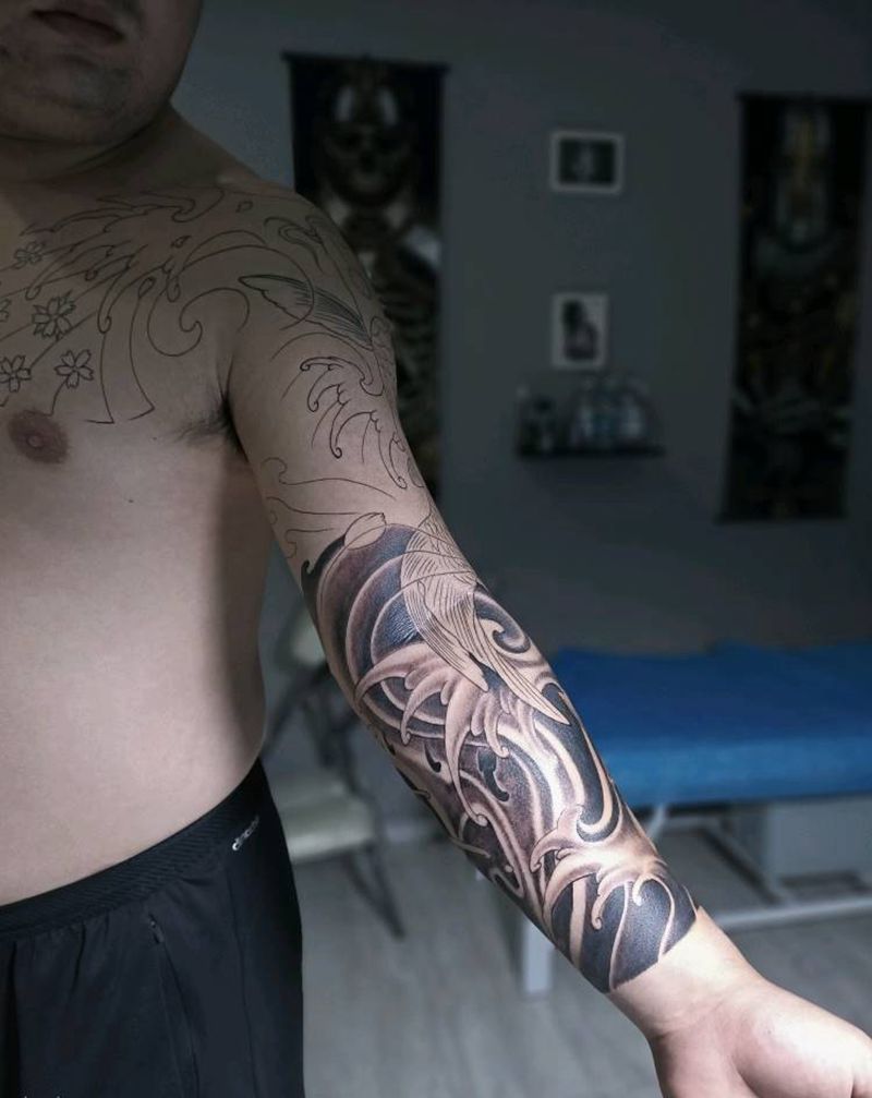 花臂鲤鱼未完成纹身图片_手臂纹身图案