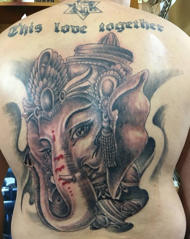 象神纹身图片_成品背部写实宗教纹身图案