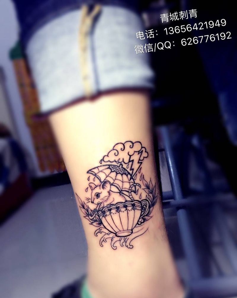 小耗子纹身图片_成品腿部欧美动物纹身图案
