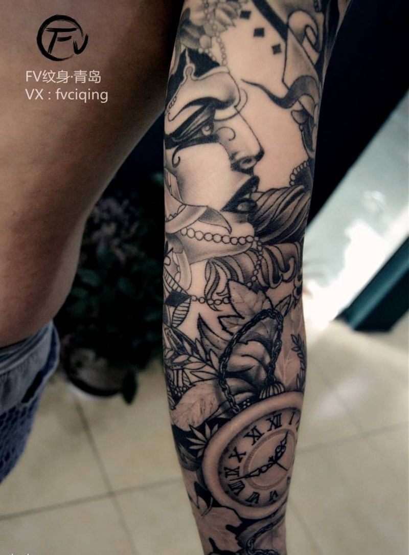 欧美拼图花臂纹身图片_手臂欧美动物人物鬼神青岛FV成品纹身图案