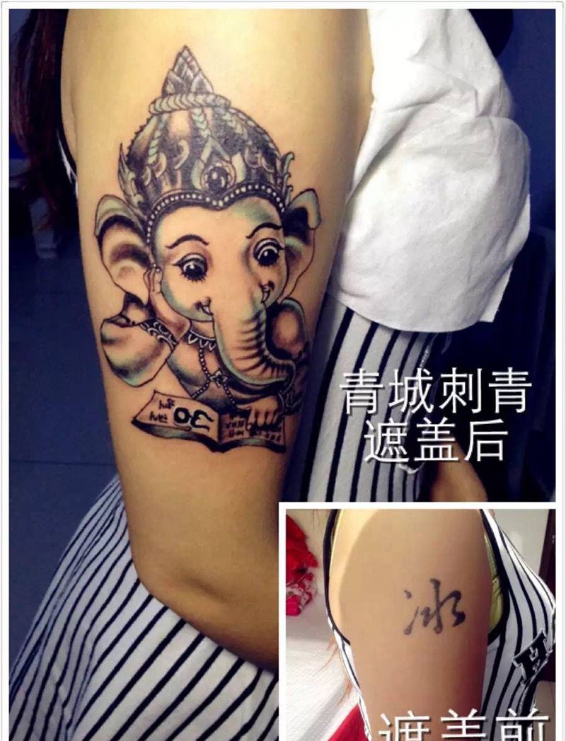 象神 遮盖原来失败纹身纹身图片_成品手臂清新传统鬼神宗教纹身图案