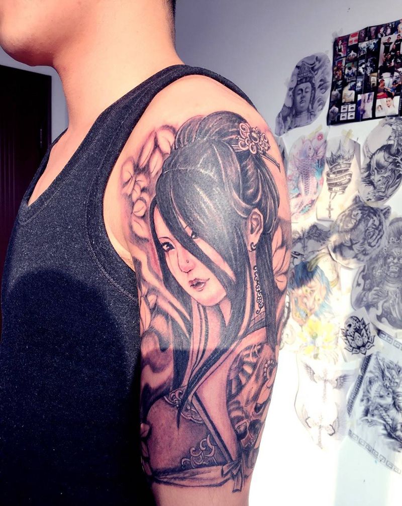 艺妓纹身图片_成品手臂传统人物纹身图案