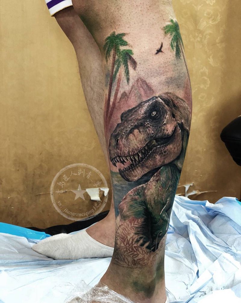 恐龙 霸王龙小腿纹身图片_腿部欧美写实恐龙霸王龙纹身图案