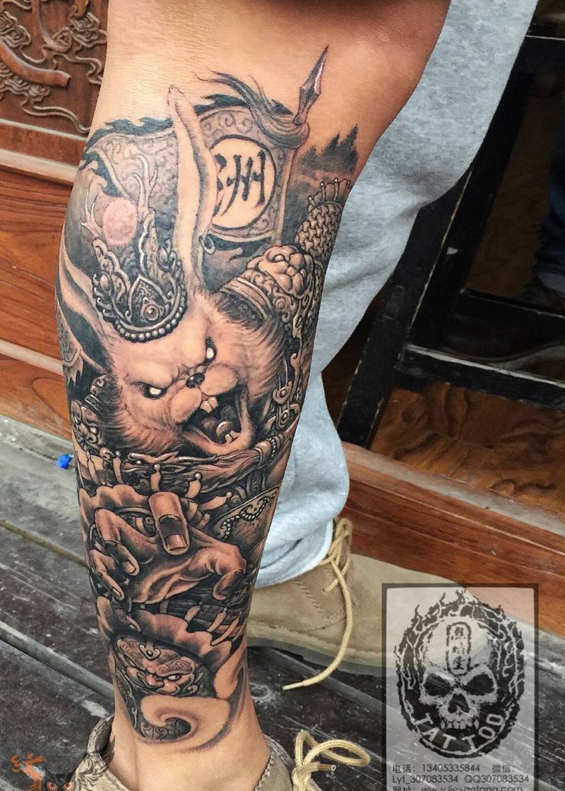 兔将军纹身图片_成品腿部传统动物原创人物宗教鬼神纹身图案