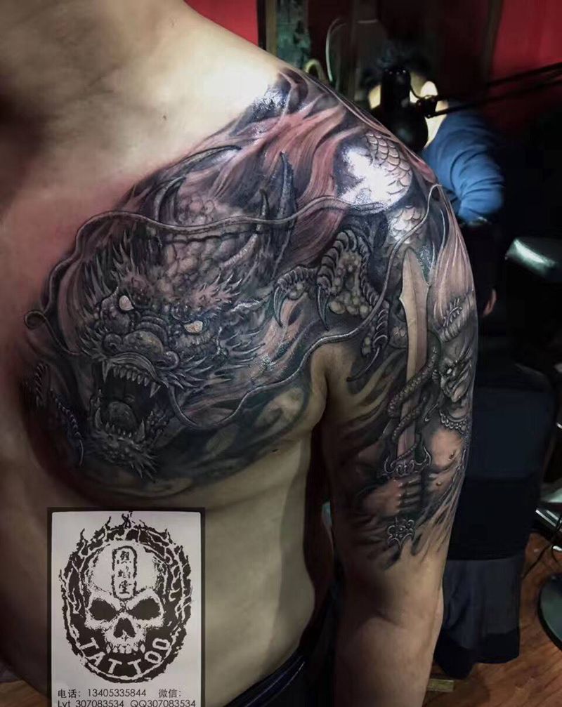 浩师傅作品 不动明王纹身图片_成品胸部手臂传统原创修改遮盖作品纹身图案