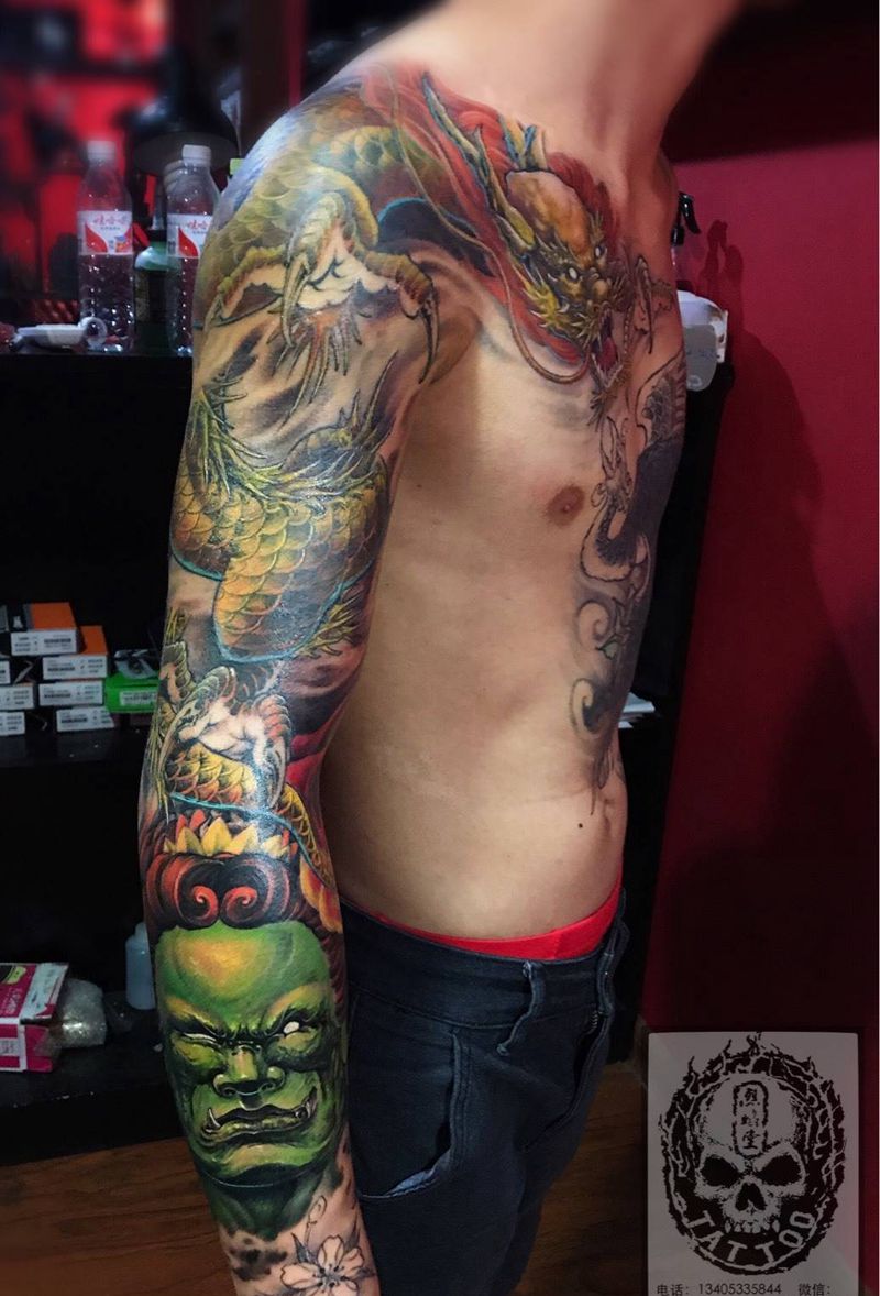 不动明王 龙凤 浩师傅作品纹身图片_成品神兽原创人物传统腹部手臂胸部纹身图案