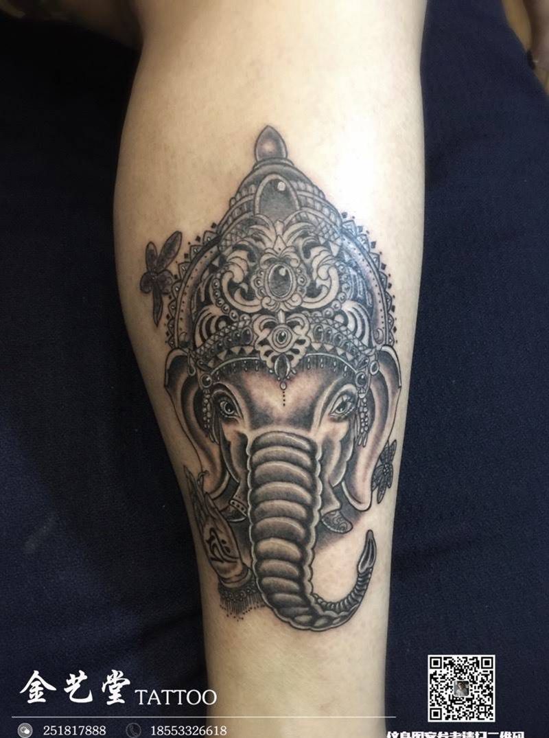 小腿象神纹身纹身图片_成品脚部传统宗教小腿纹身图案