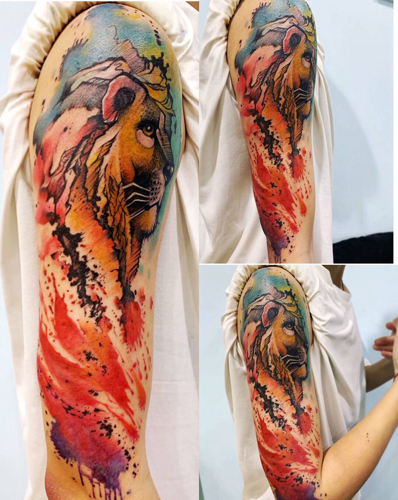 狮子王纹身图片_手臂水彩纹身图案