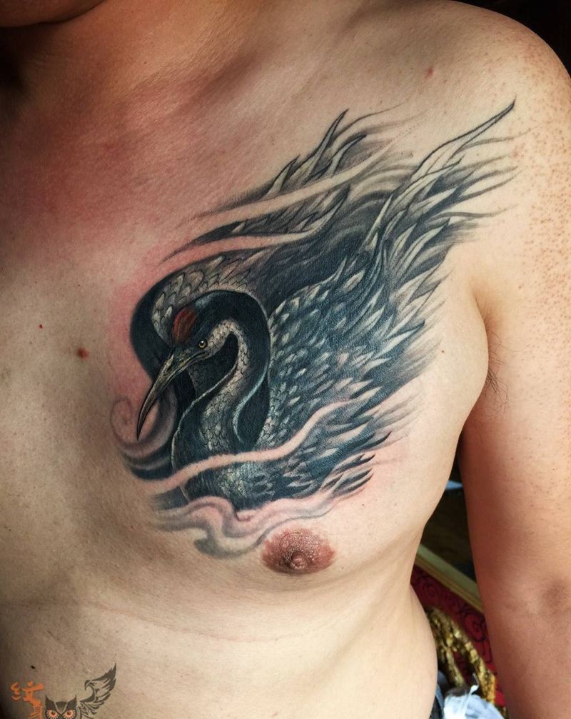 灵鹤纹身图片_成品遮盖作品胸部肖像原创情侣人物动物纹身图案